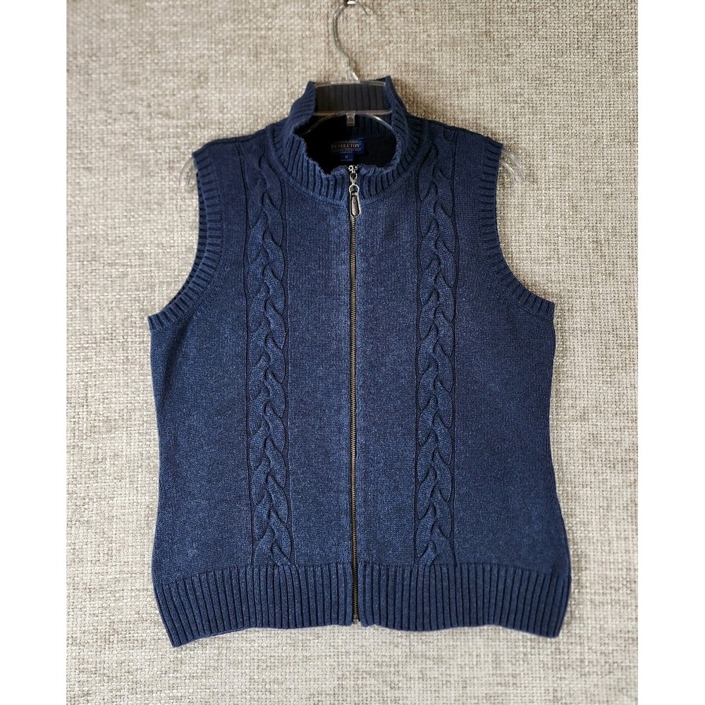 Pendleton Cable Knit Sweater‎ Vest Mens Medium Blue Full Zip Cotton Stretch